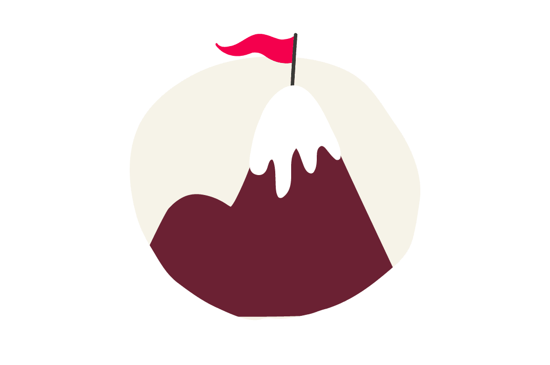 mountain with snow cap and red flag on top inside a circular background, stylized mountain illustration with minimalistic design