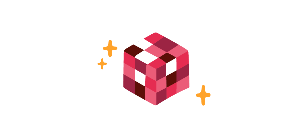 3D pink cube with a checkerboard pattern and sparkling effects, symbolizing creativity and innovation. Colorful geometric design., 3D cube with pink tones and sparkles depicting creativity and playful design elements.