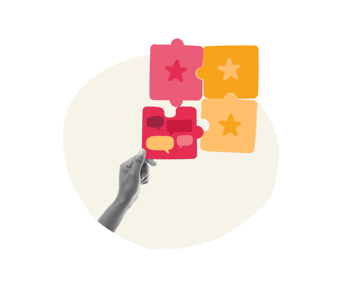 hand holding colorful puzzle pieces with speech bubbles and stars, vibrant puzzle pieces symbolizing communication and collaboration