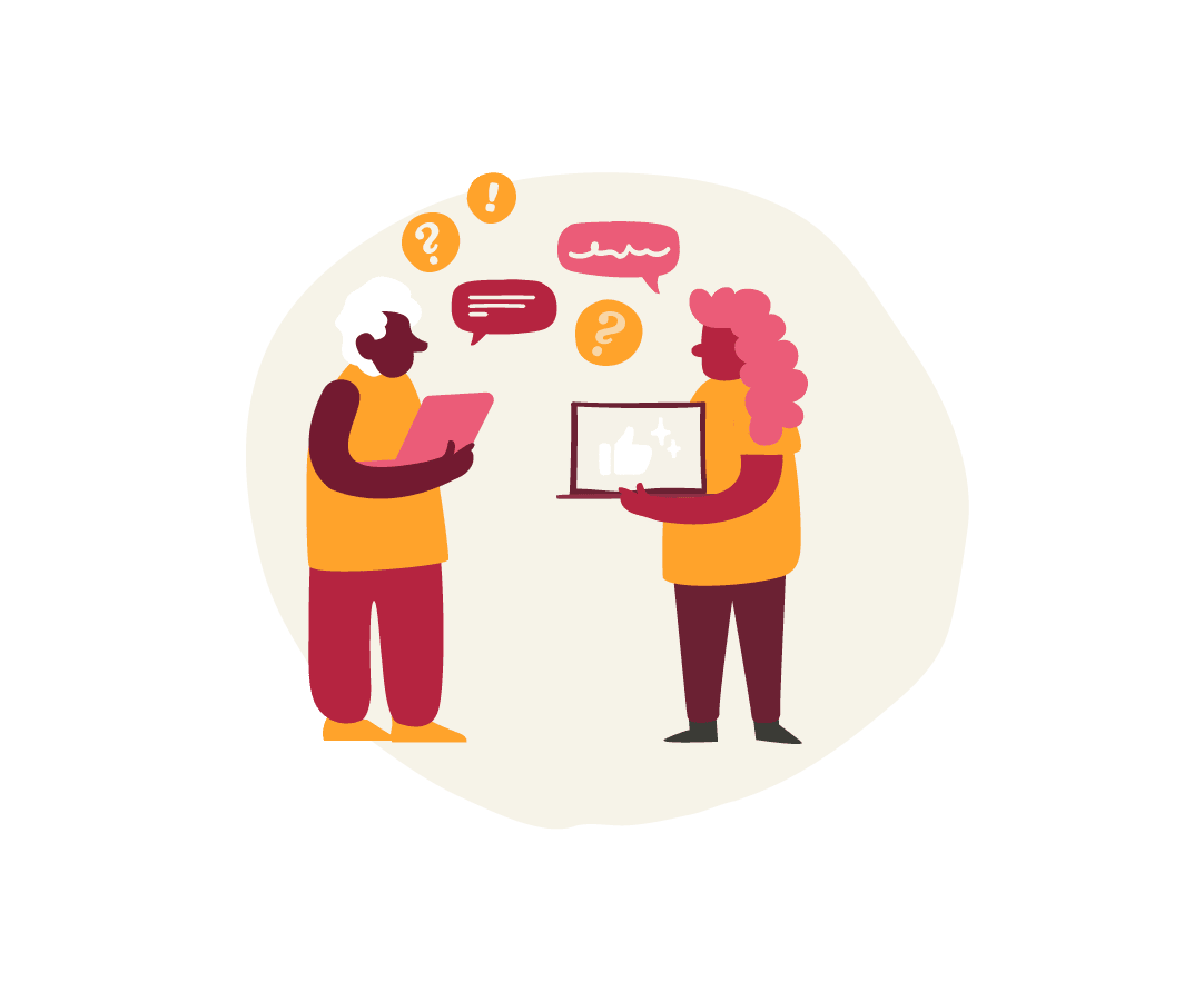 people discussing on tablet, animated conversation with questions and reactions
