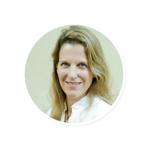 smiling woman with long hair in white shirt, circular frame, soft background, professional headshot with friendly expression