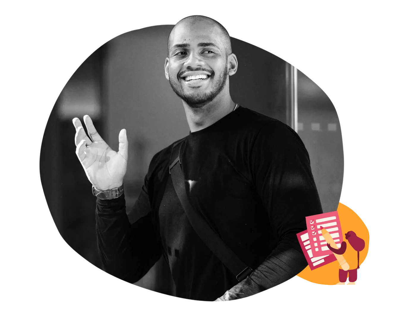 smiling man in black shirt waving hand with a friendly demeanor, colorful illustration in corner, cheerful man greeting with confidence