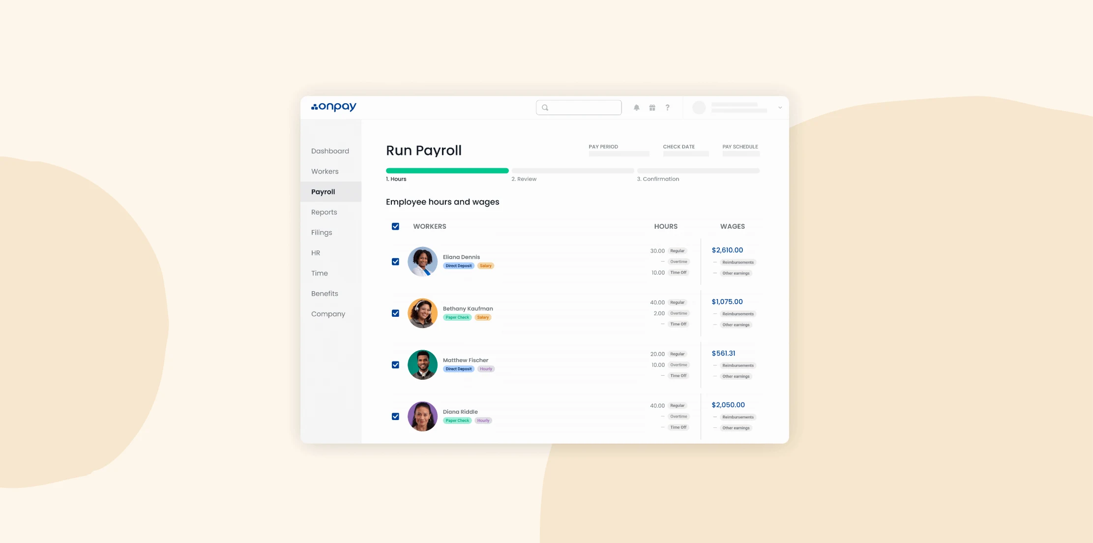 payroll dashboard showing employee hours and wages with options for direct deposit and paper check, OnPay payroll system interface