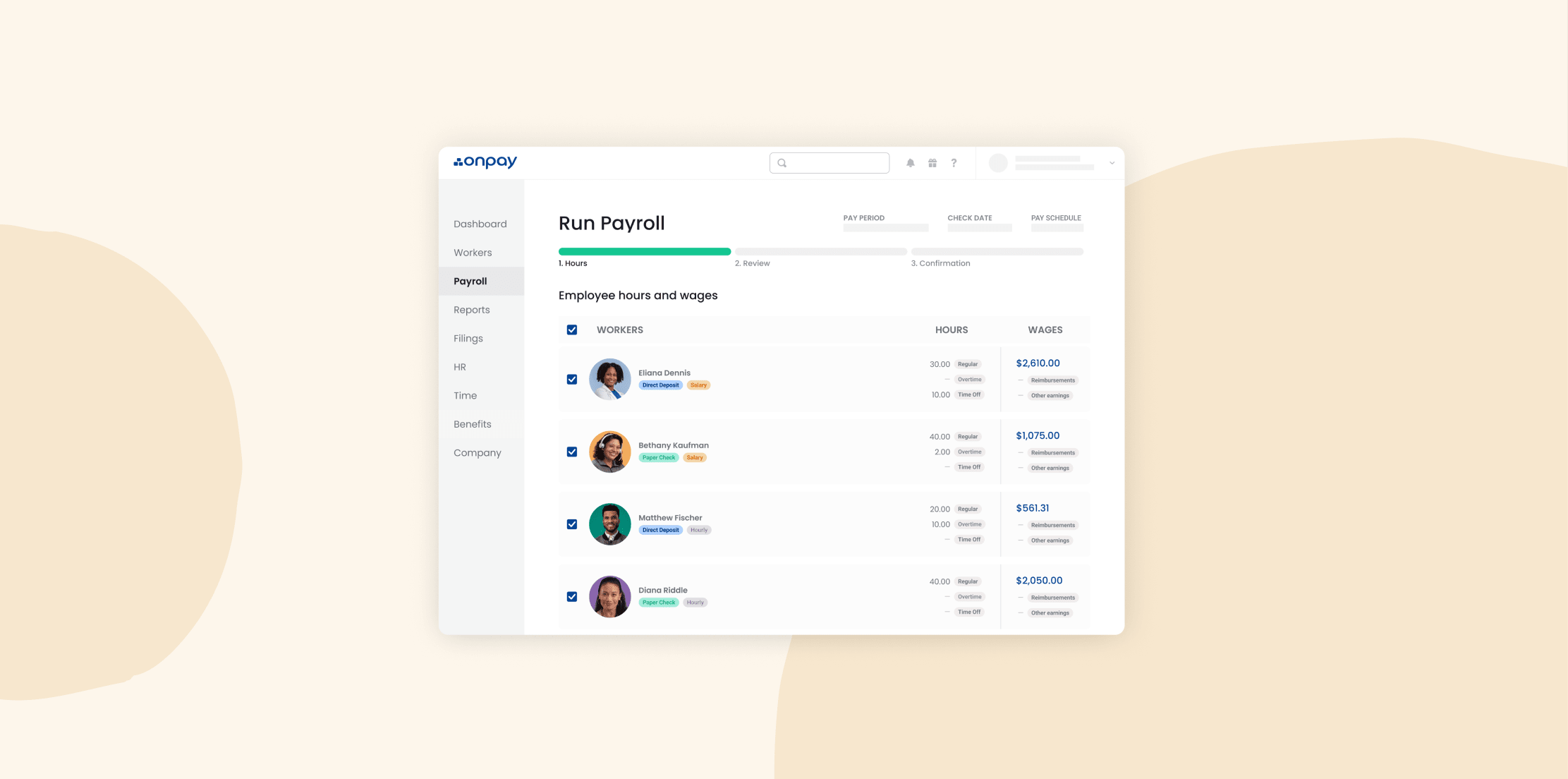run payroll interface, employee hours wages overview