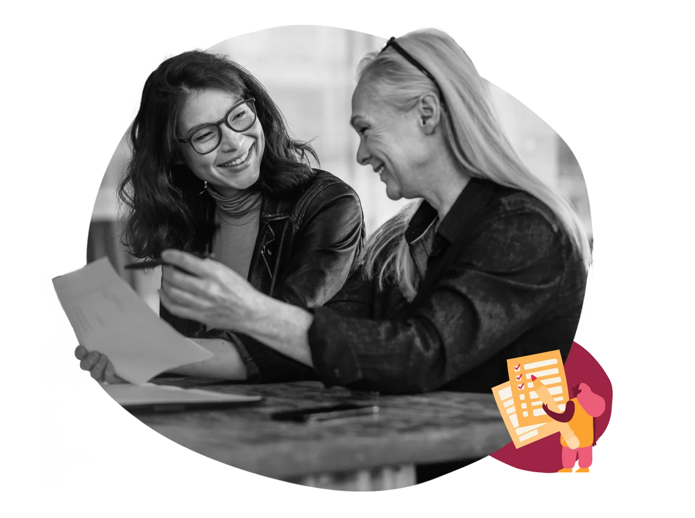woman-smiling-discussing-papers, collaborative-discussion-creative-environment