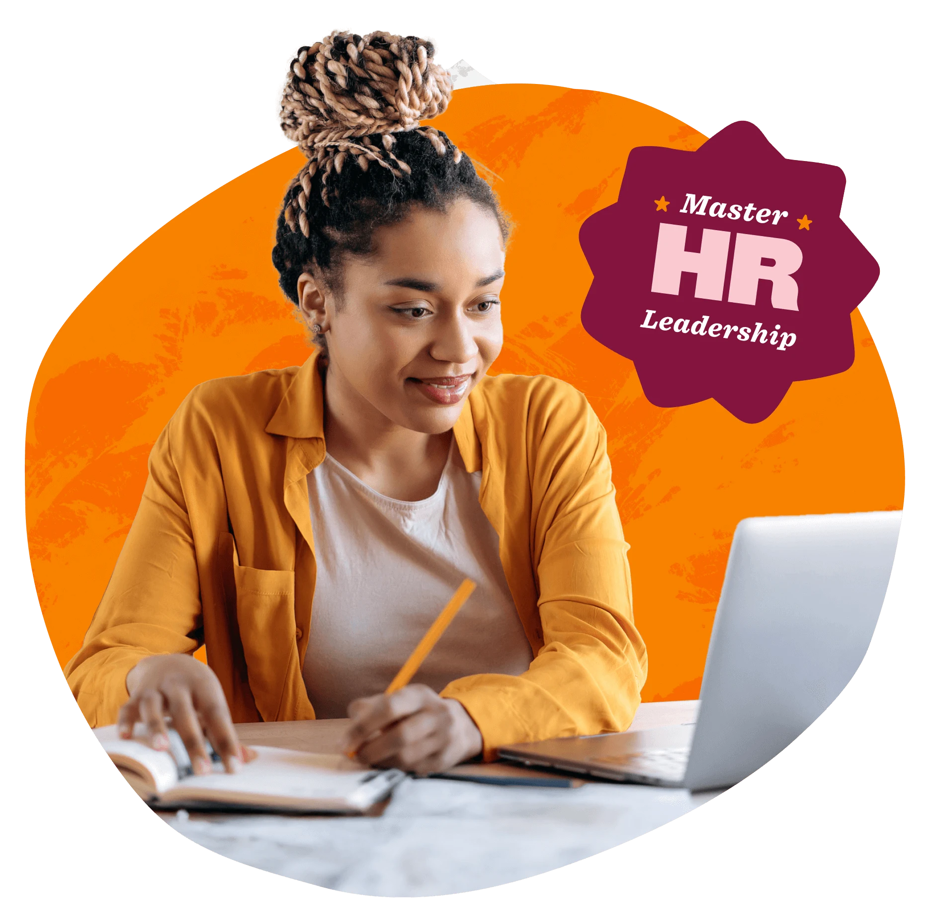 professional woman studying HR leadership at a laptop, taking notes, wearing an orange shirt against an orange backdrop, HR leadership online course