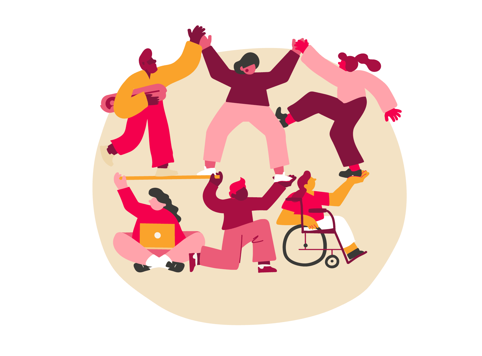 diverse people collaborating, celebrating together in a vibrant illustration, inclusive teamwork showcases unity and support