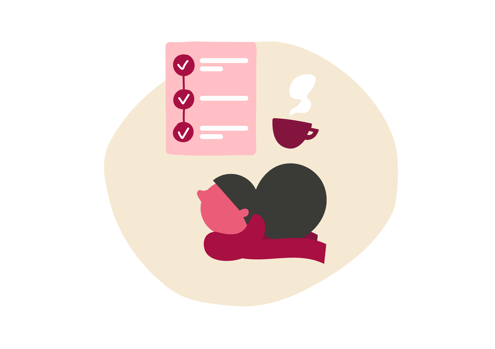 resting person with a checklist and cup of coffee, promoting relaxation and productivity, illustration of self-care and daily tasks