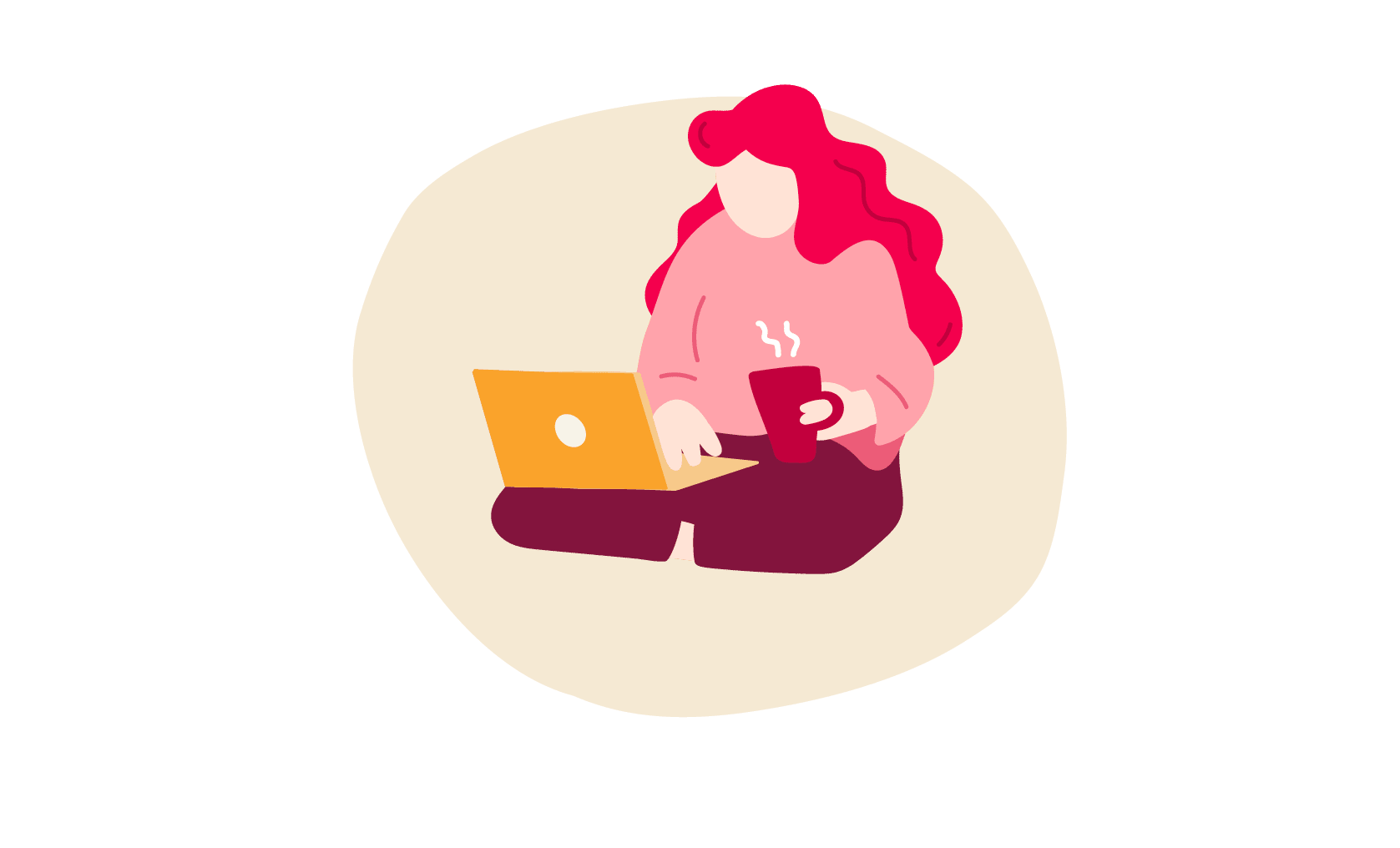 woman working on laptop with coffee cup, wearing pink sweater, sitting comfortably on a light background, remote work illustration