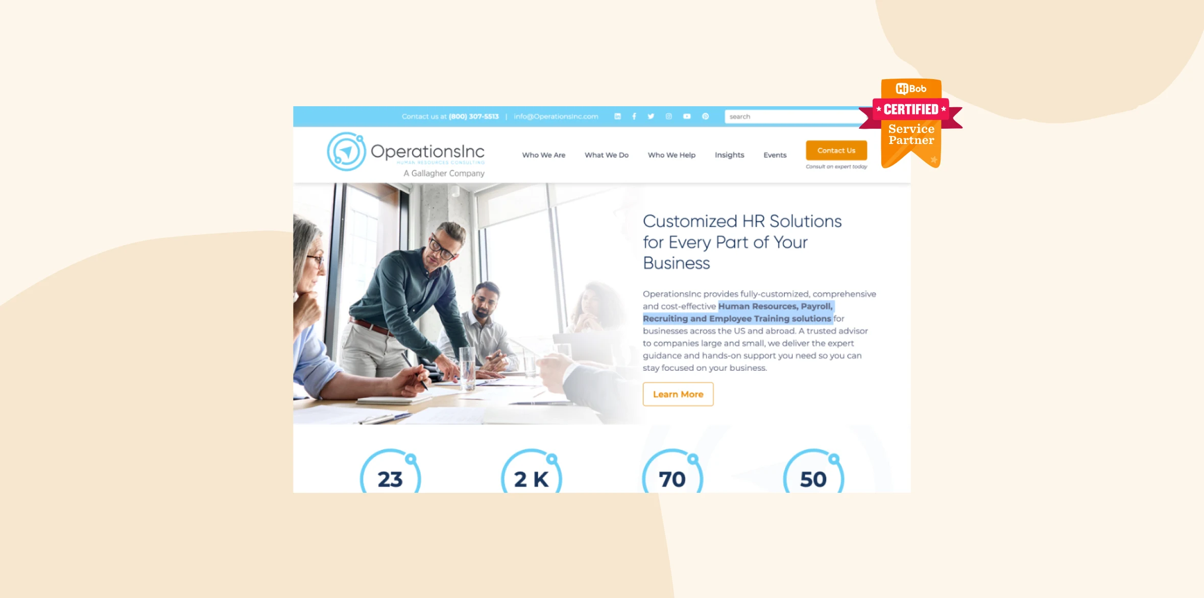 OperationsInc website showcasing HR solutions with a professional team in a modern office. Certified service partner badge. OperationsInc, HRsolutions