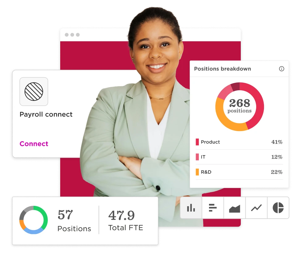 businesswoman smiling with payroll data overview, showcasing positions and FTE metrics for effective HR management, payroll analytics, human resources management