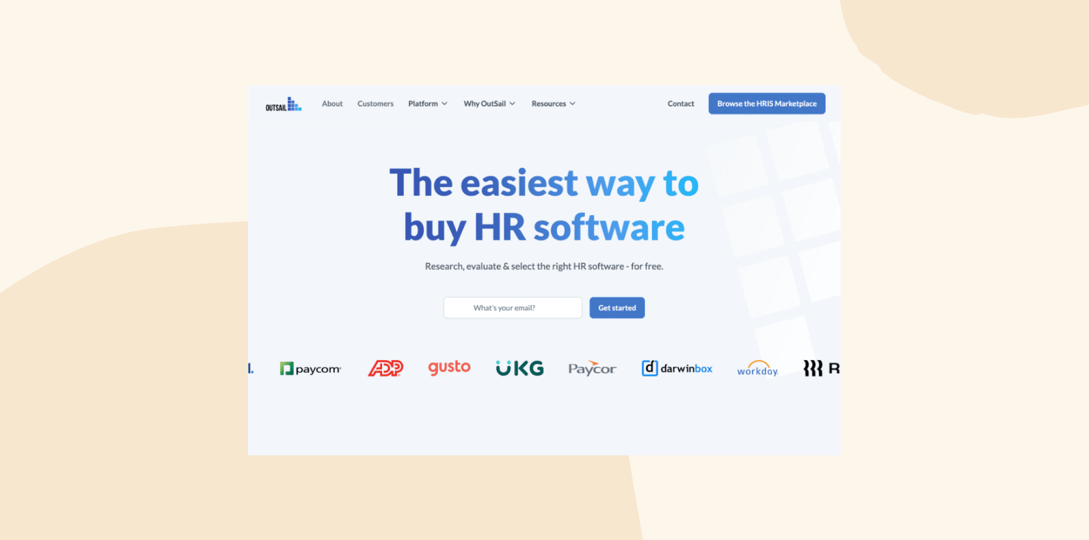 the easiest way to buy HR software with brands logos and email sign-up, clean layout highlighting efficient solutions, HR software marketplace, OutSail platform