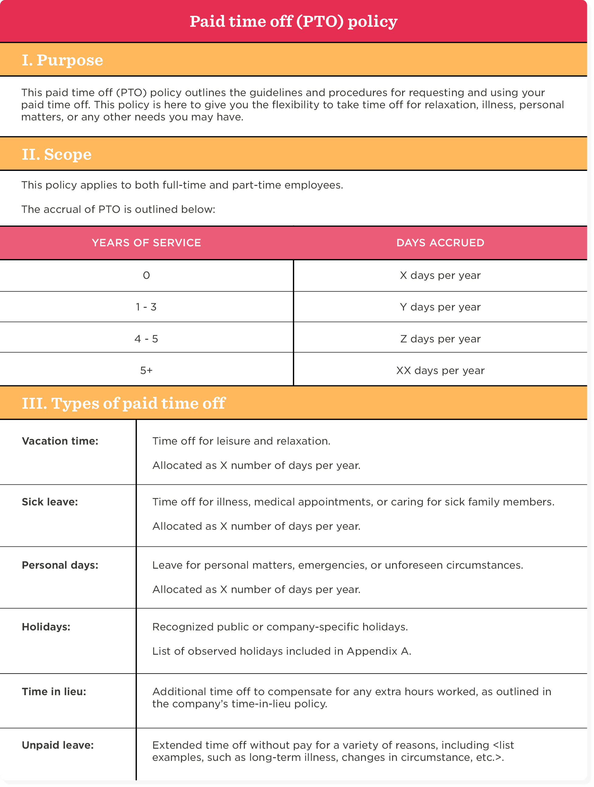 PTO policy details for employees on accrual, types of leave, and usage guidelines for flexibility and wellbeing., PTO policy guidelines for vacation, sick leave, personal days, holidays, and unpaid leave options.