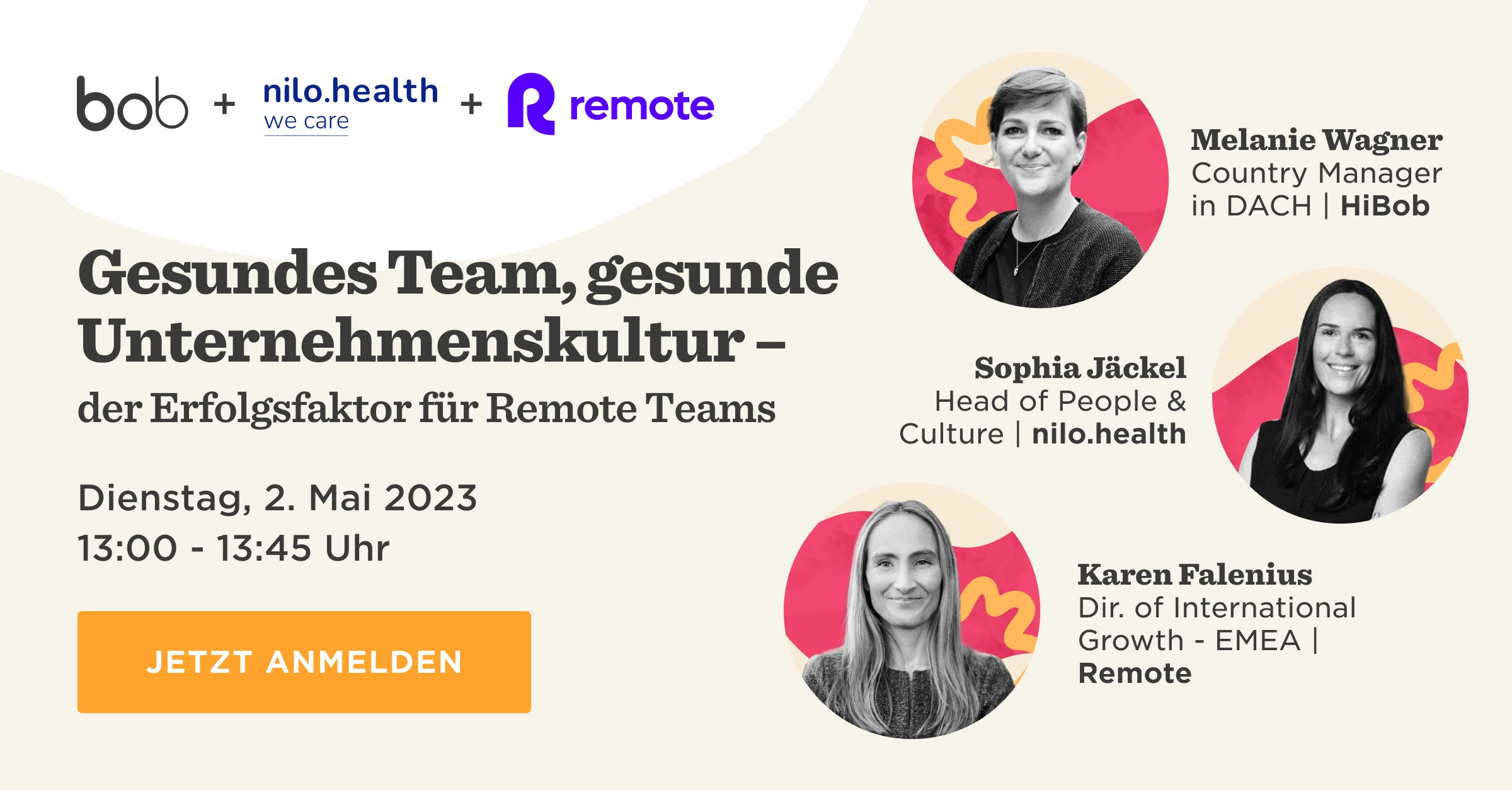 gesunde Teams und Unternehmenskultur Webinar am 2. Mai 2023, mit Melanie Wagner, Sophia Jäckel und Karen Falennius, Remote Teams, Unternehmensentwicklung, Webinar-Anmeldung