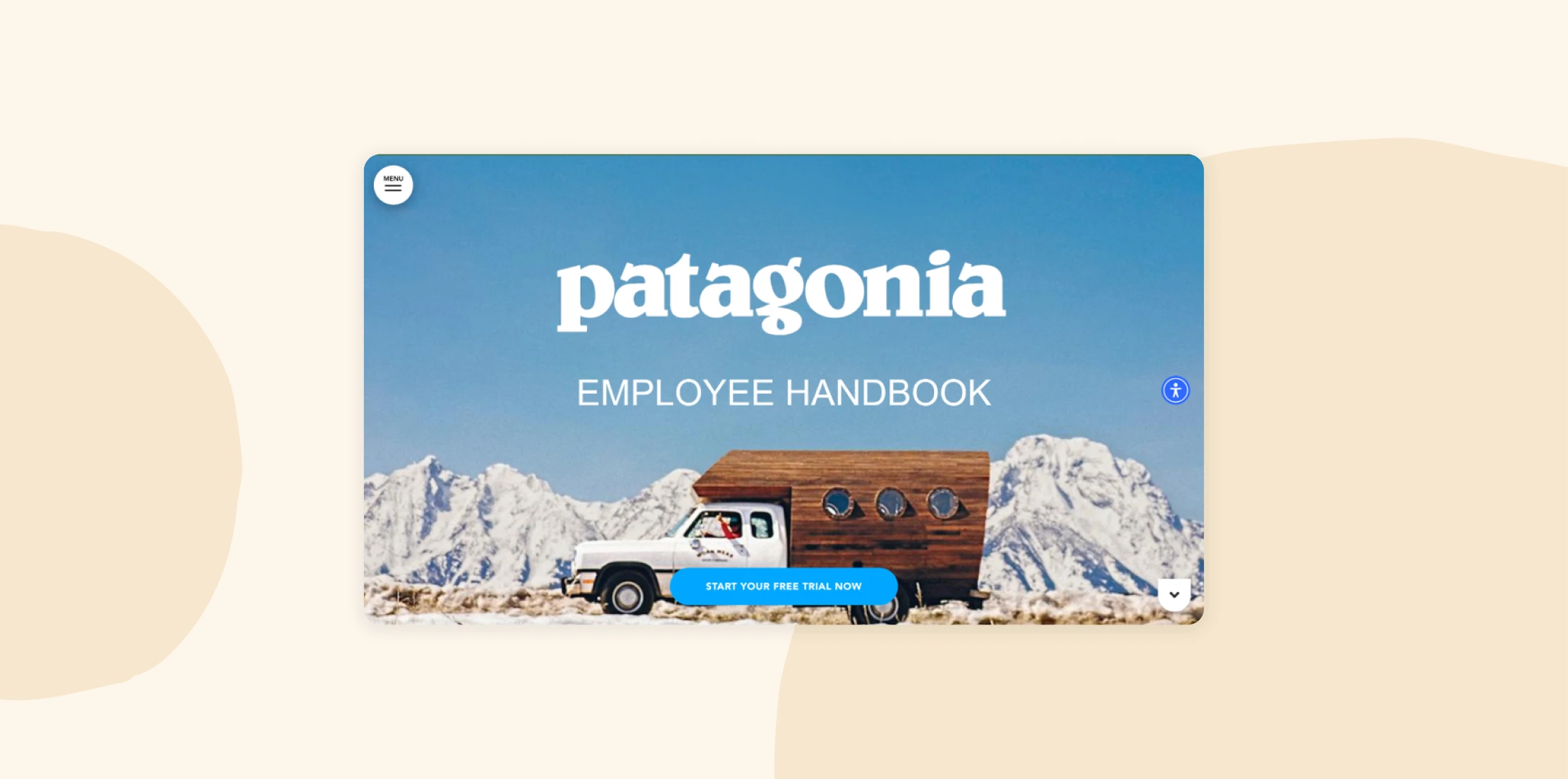 Patagonia employee handbook webpage featuring mountain landscape and branded header