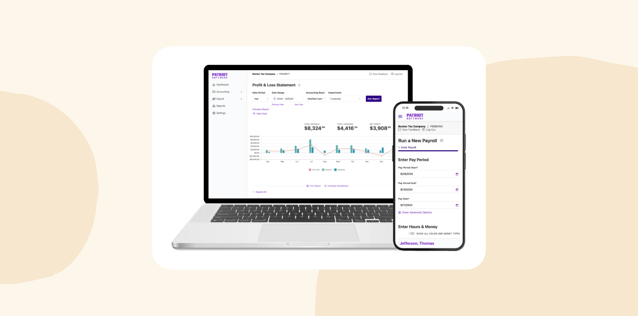 profit and loss statement on laptop and payroll app on mobile, financial dashboard illustration for accounting software