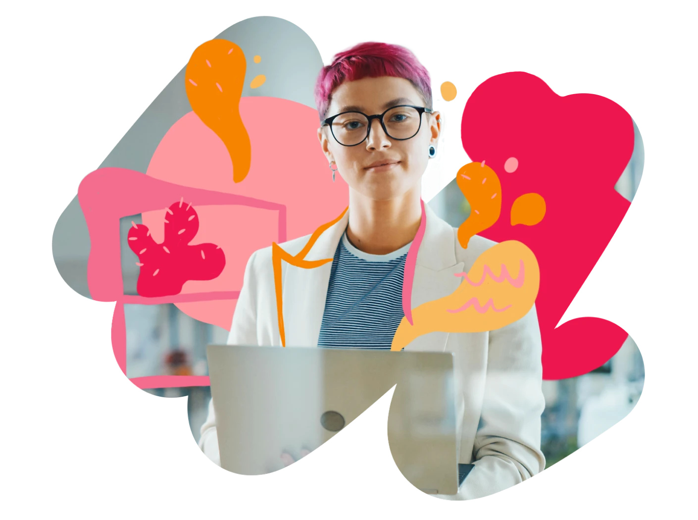 professional person with pink hair and glasses holding a laptop, surrounded by colorful abstract shapes, creative workspace with vibrant illustrations