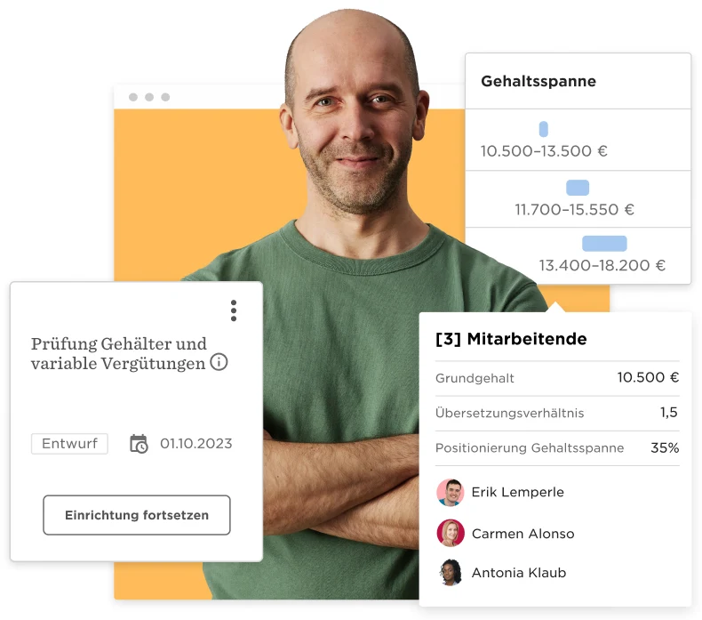 Mann in grünem Shirt mit Gehaltsanalyse-Interface, zeigt Gehaltsspannen und Mitarbeitende., Gehaltsprüfung, Mitarbeitende