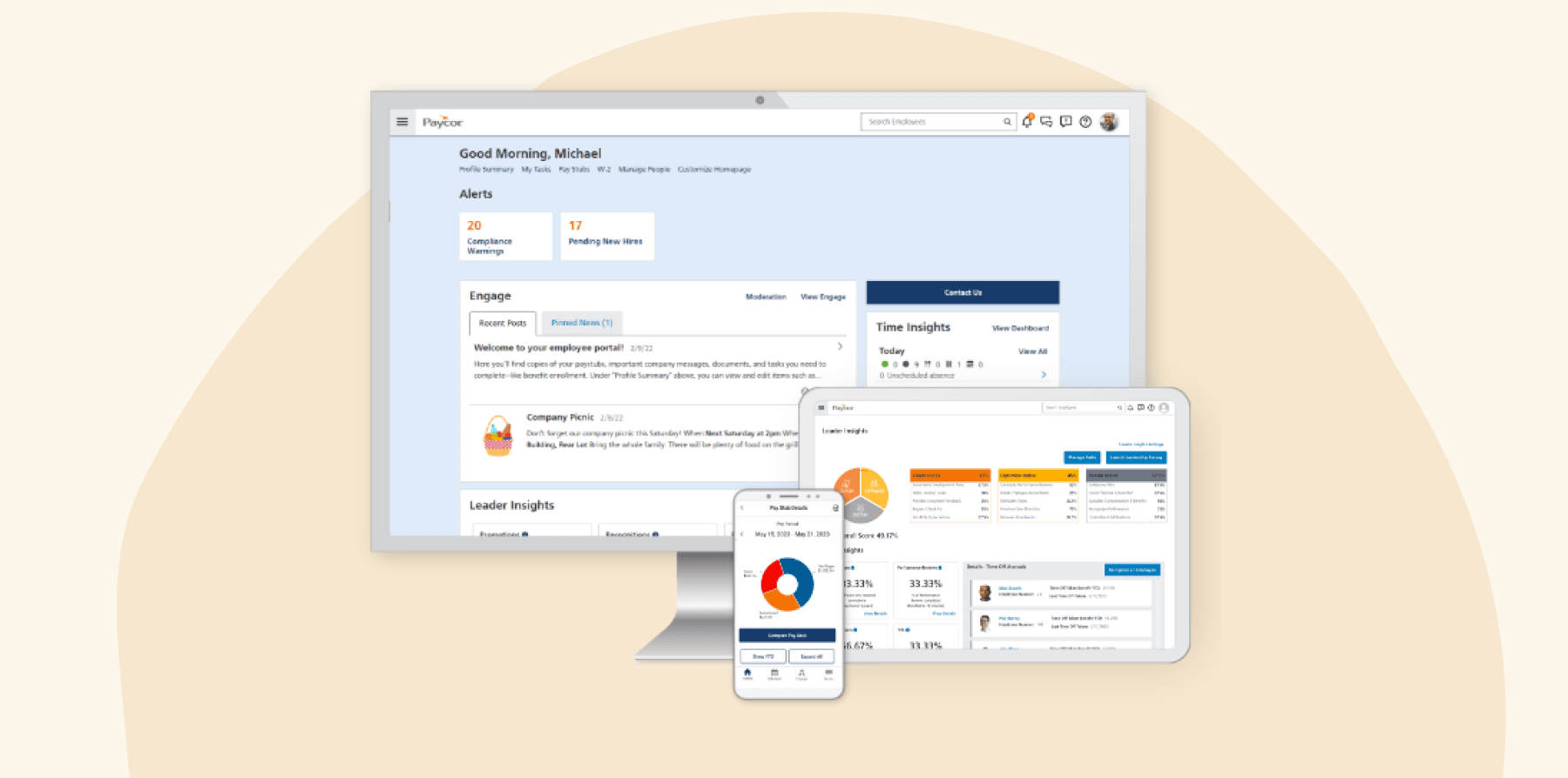 paycor dashboard interface, employee engagement insights and alerts on laptop and mobile devices