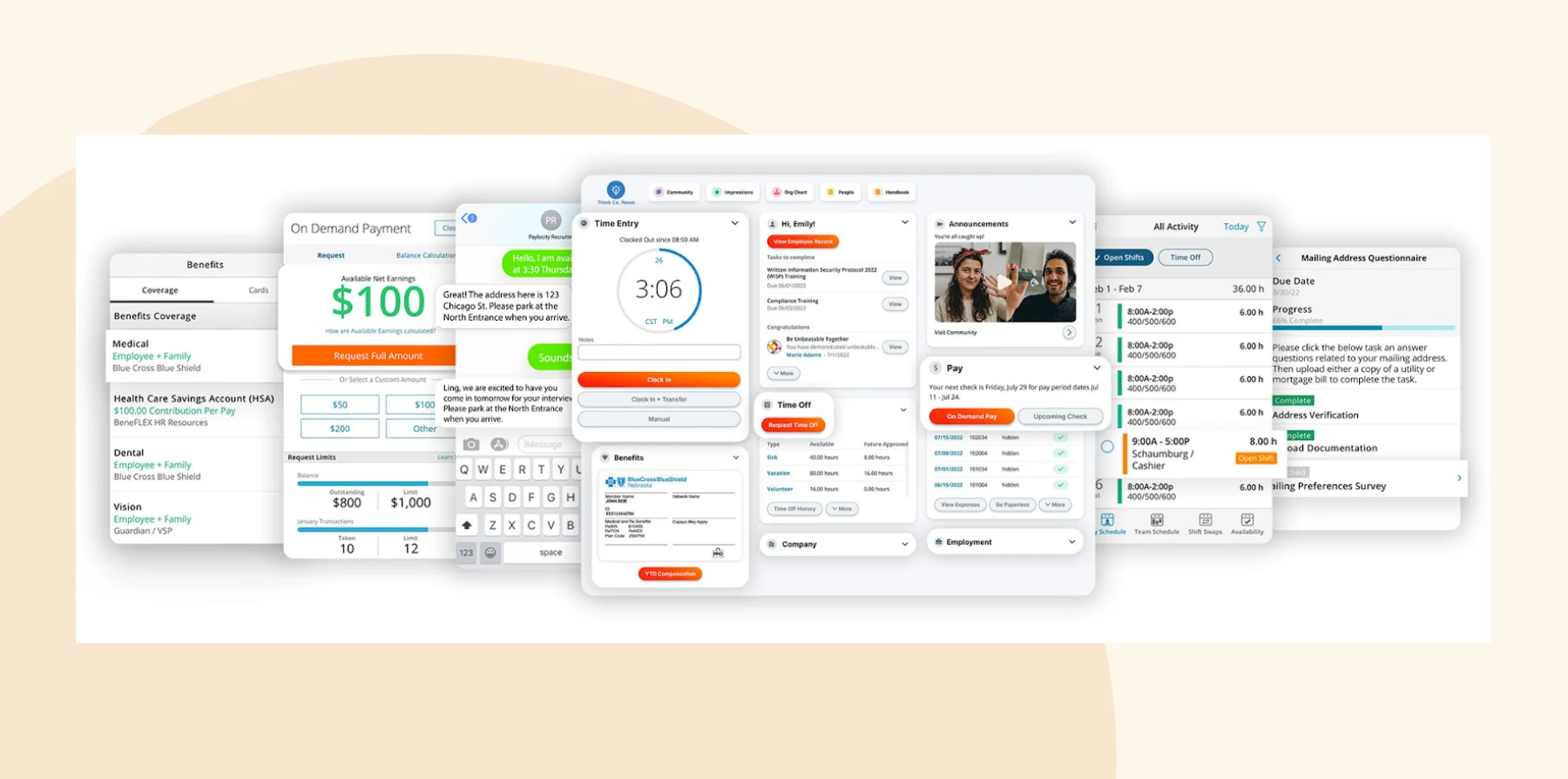 on-demand payment interface, employee benefits overview, time tracking features, activity logs, and user messaging, HR management dashboard, benefits details, and scheduling options