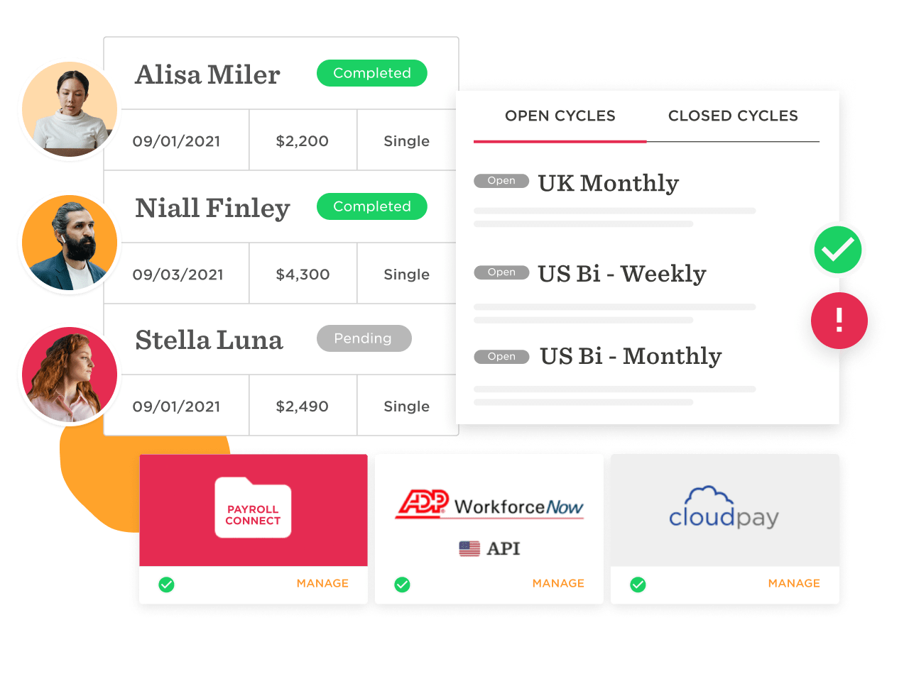 payroll management interface with users' statuses and payment cycles, completed and pending tasks with financial details