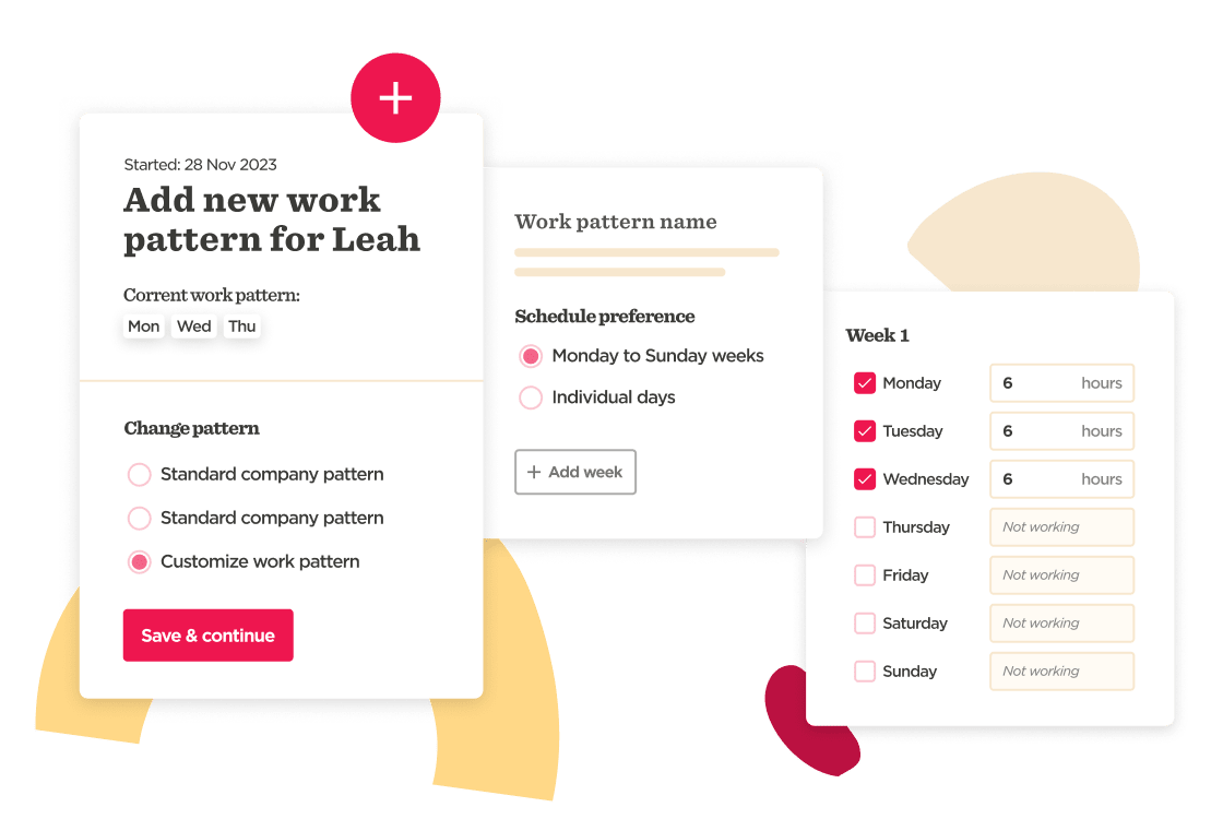 work pattern management interface for Leah, showing schedule preferences and work hours for the week, customizable work schedule options, user-friendly layout