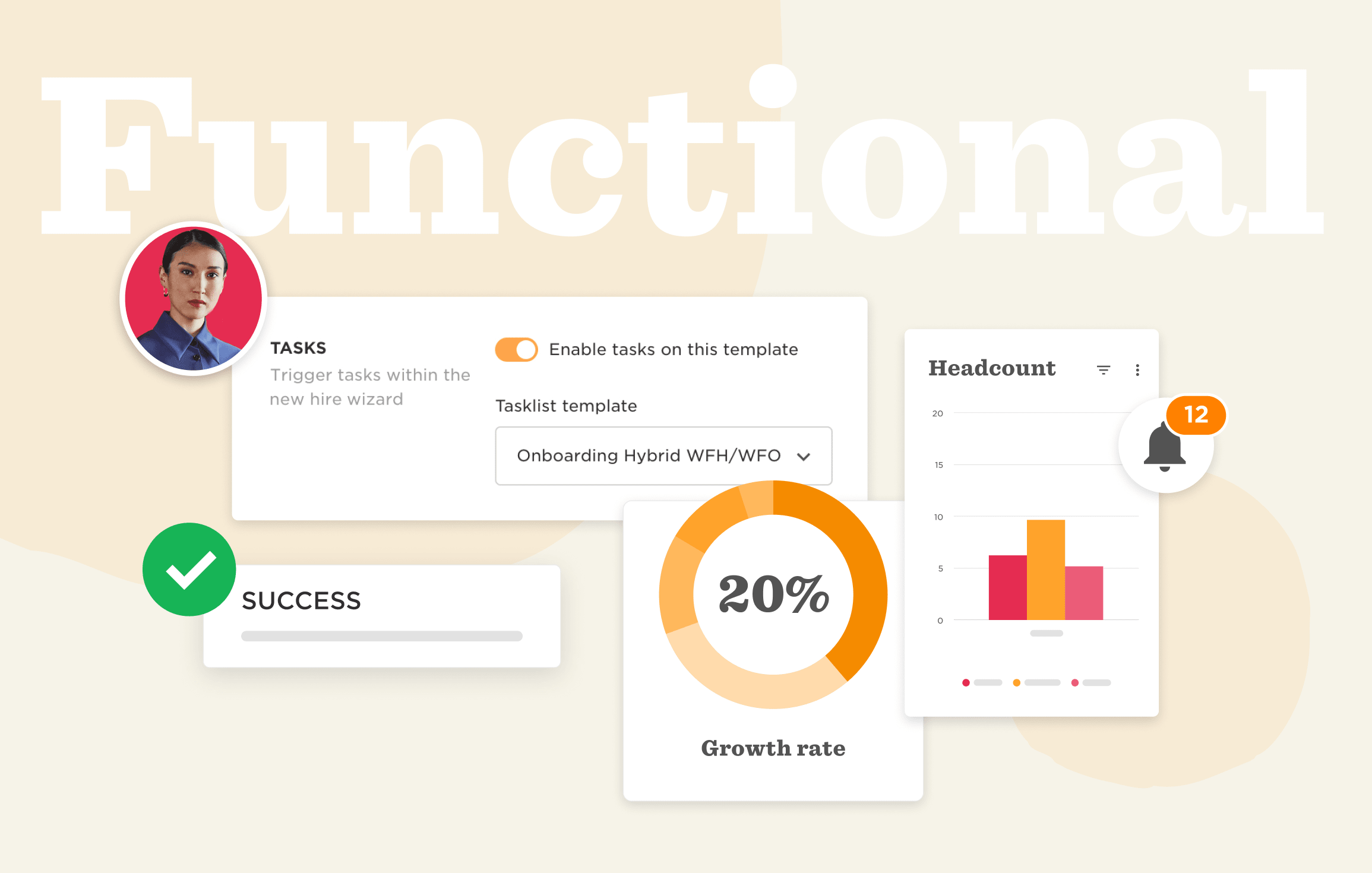 functional onboarding template, growth rate 20% headcount notification with bell icon