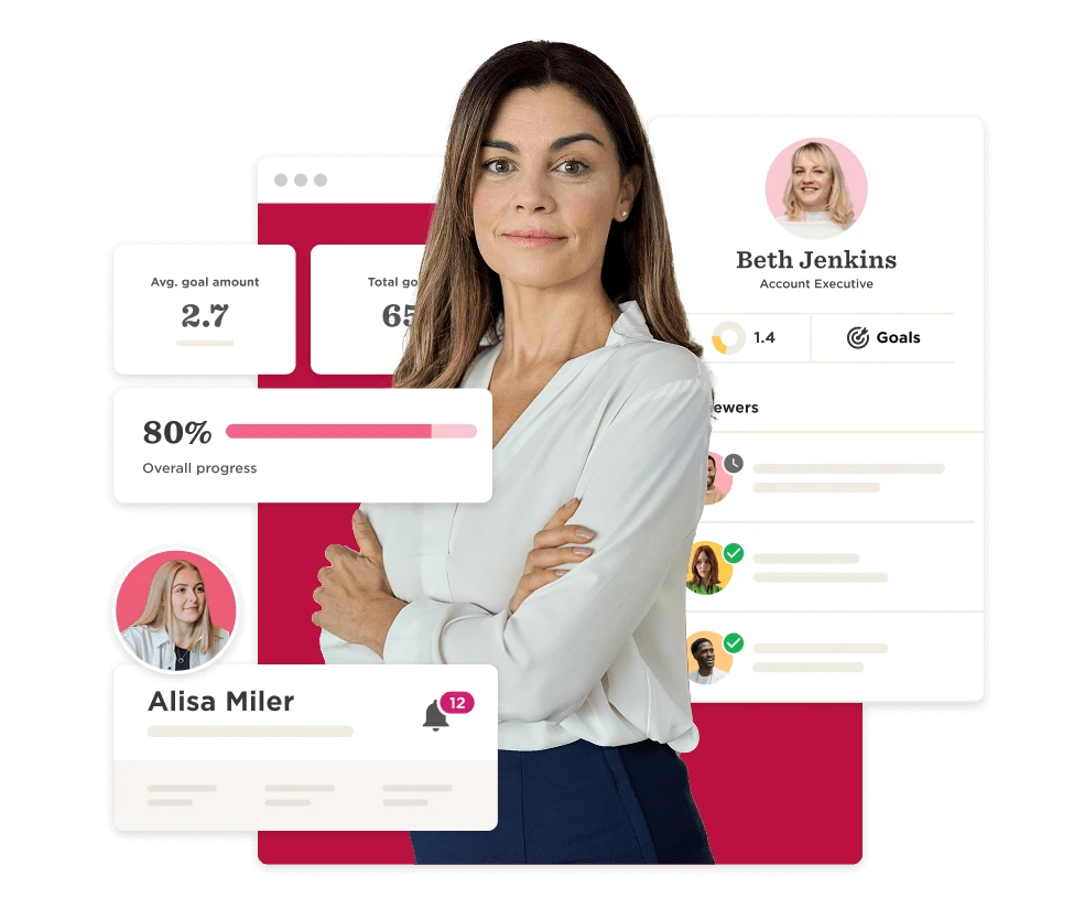 business woman with data dashboard showcasing goals, progress, and colleague profiles, female professional in modern work environment