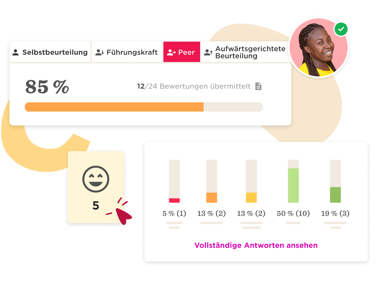 85% Peer feedback summary with rating scale, progress bar, and response breakdown in a colorful, accessible design. visual_feedback, peer_review