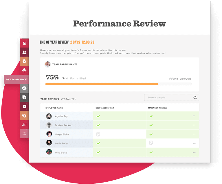 performance review dashboard, team participants progress and assessments overview