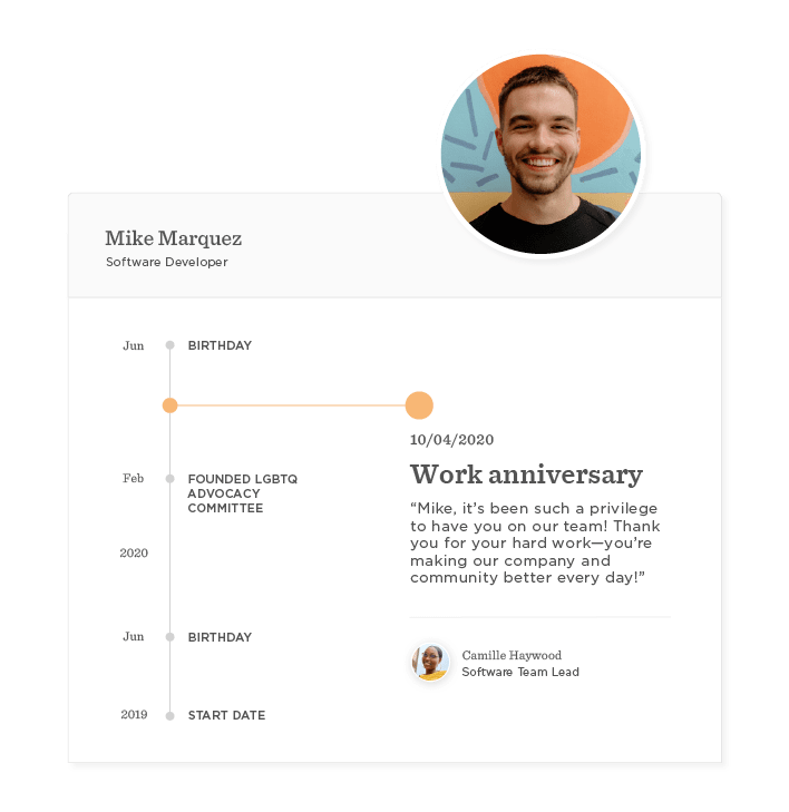 Mike Marquez, Software Developer, celebrates work anniversary with timeline of achievements and birthday. , MikeMarquez, WorkAnniversary