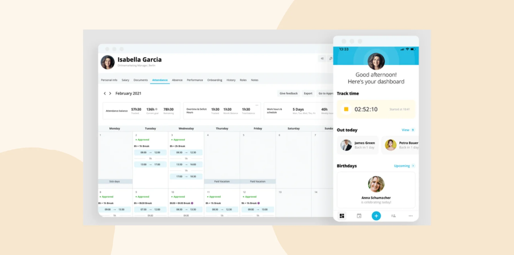 attendance dashboard, user profile summary