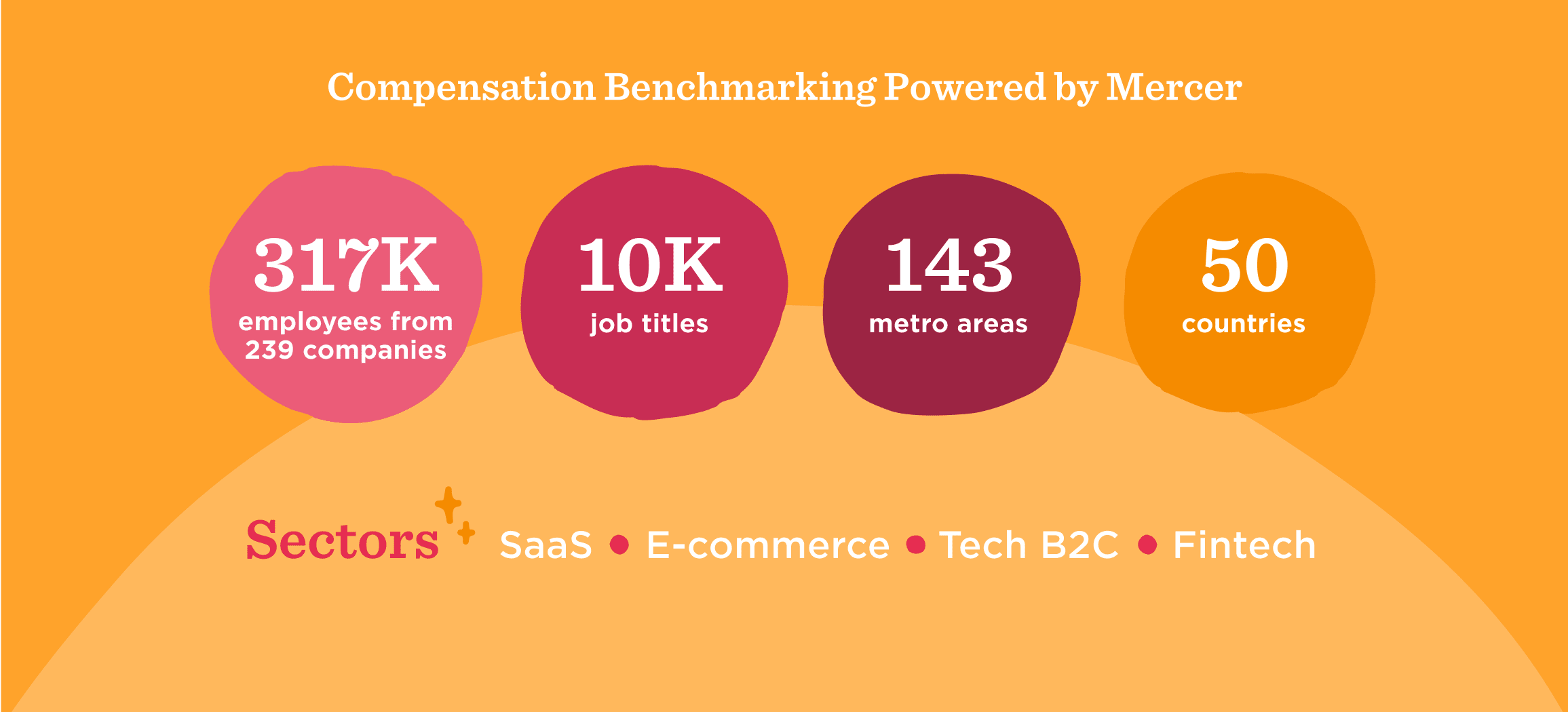 compensation benchmarking overview with key metrics and sectors, 317K employees, 10K job titles, 143 metro areas, 50 countries