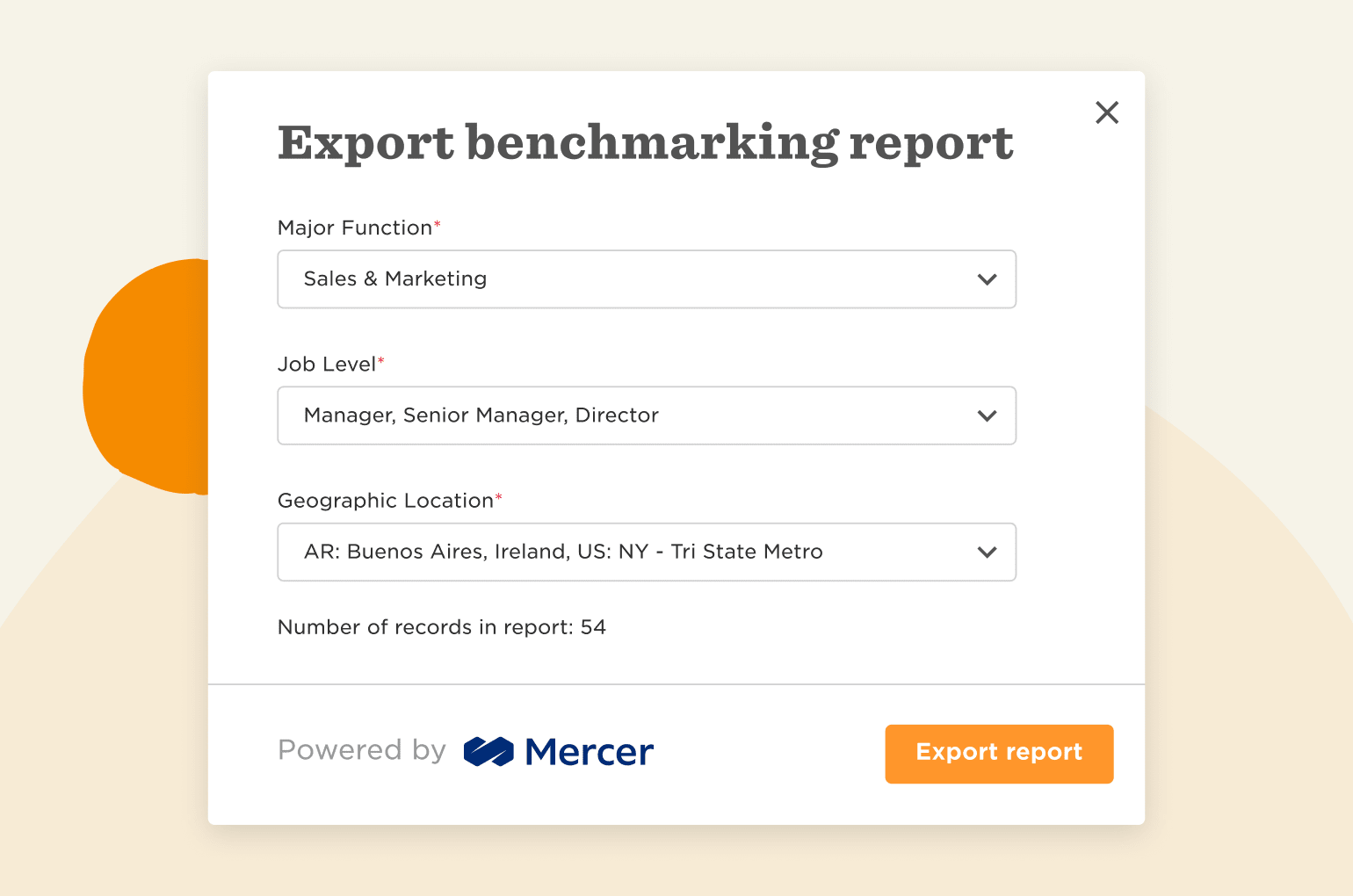 export benchmarking report interface with job levels and geographic locations, Mercer branding and export button