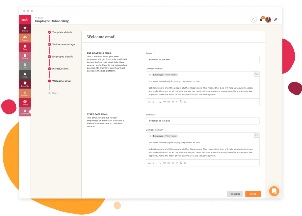 employee onboarding email template, welcome message details and subject fields for pre-boarding and start date communications