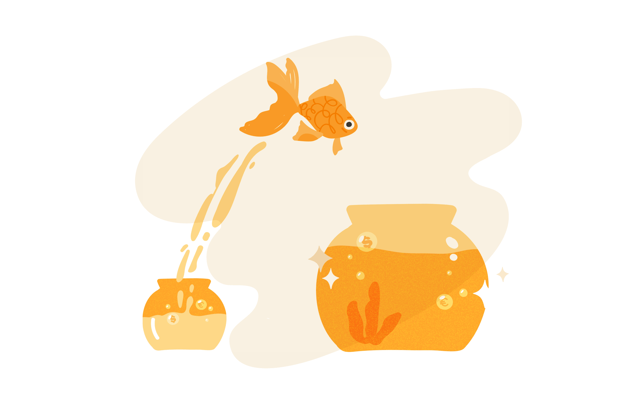 goldfish leaping above a sparkling fishbowl with orange hues and bubbles, capturing a playful underwater scene, colorful fishbowl illustration