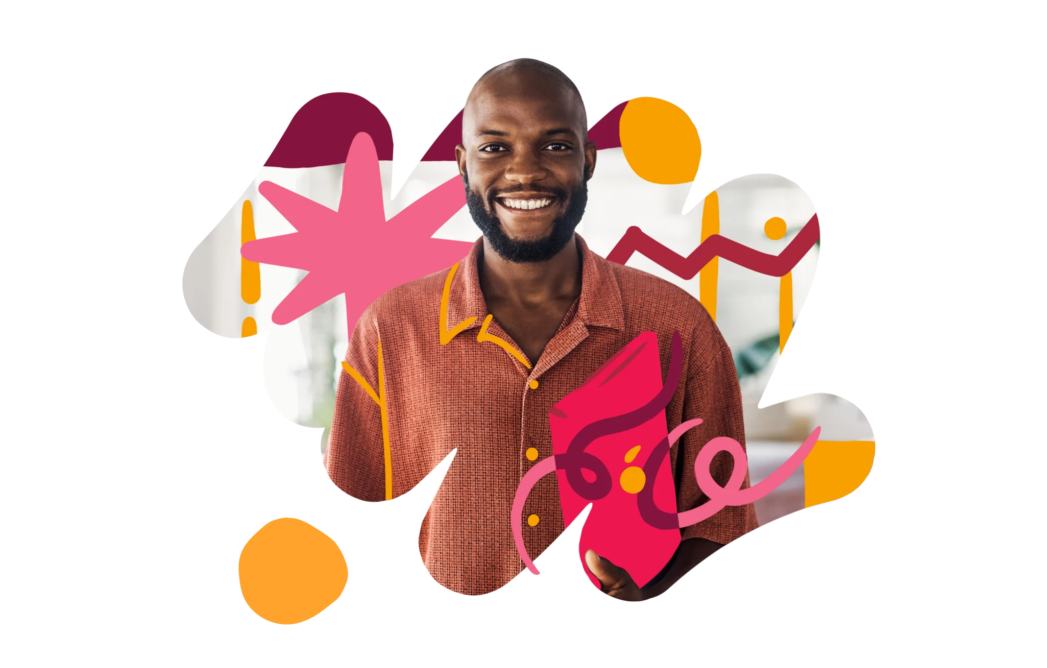 man smiling, colorful abstract patterns