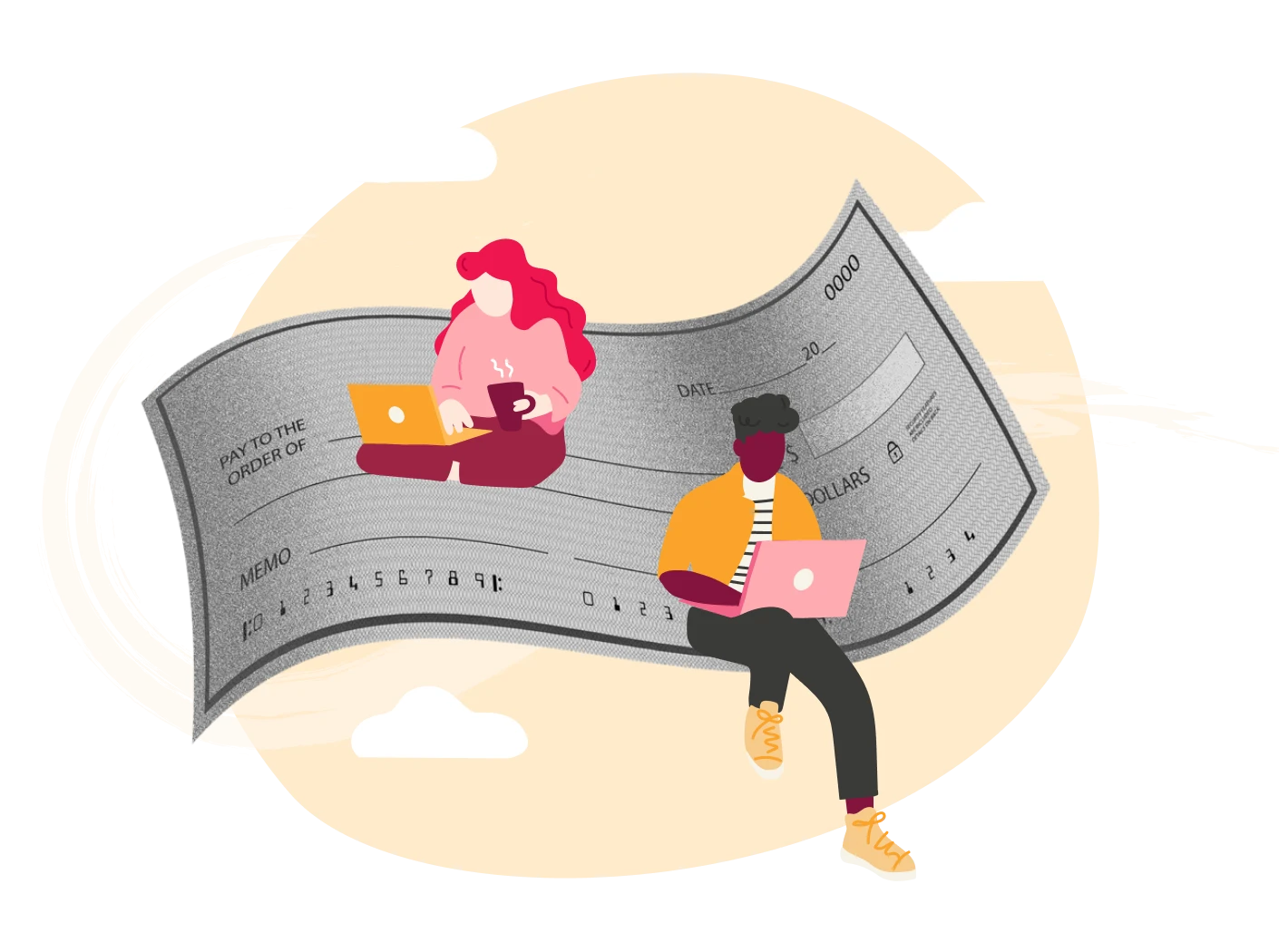 payment check illustration with remote workers on laptops, digital finance and remote collaboration concept
