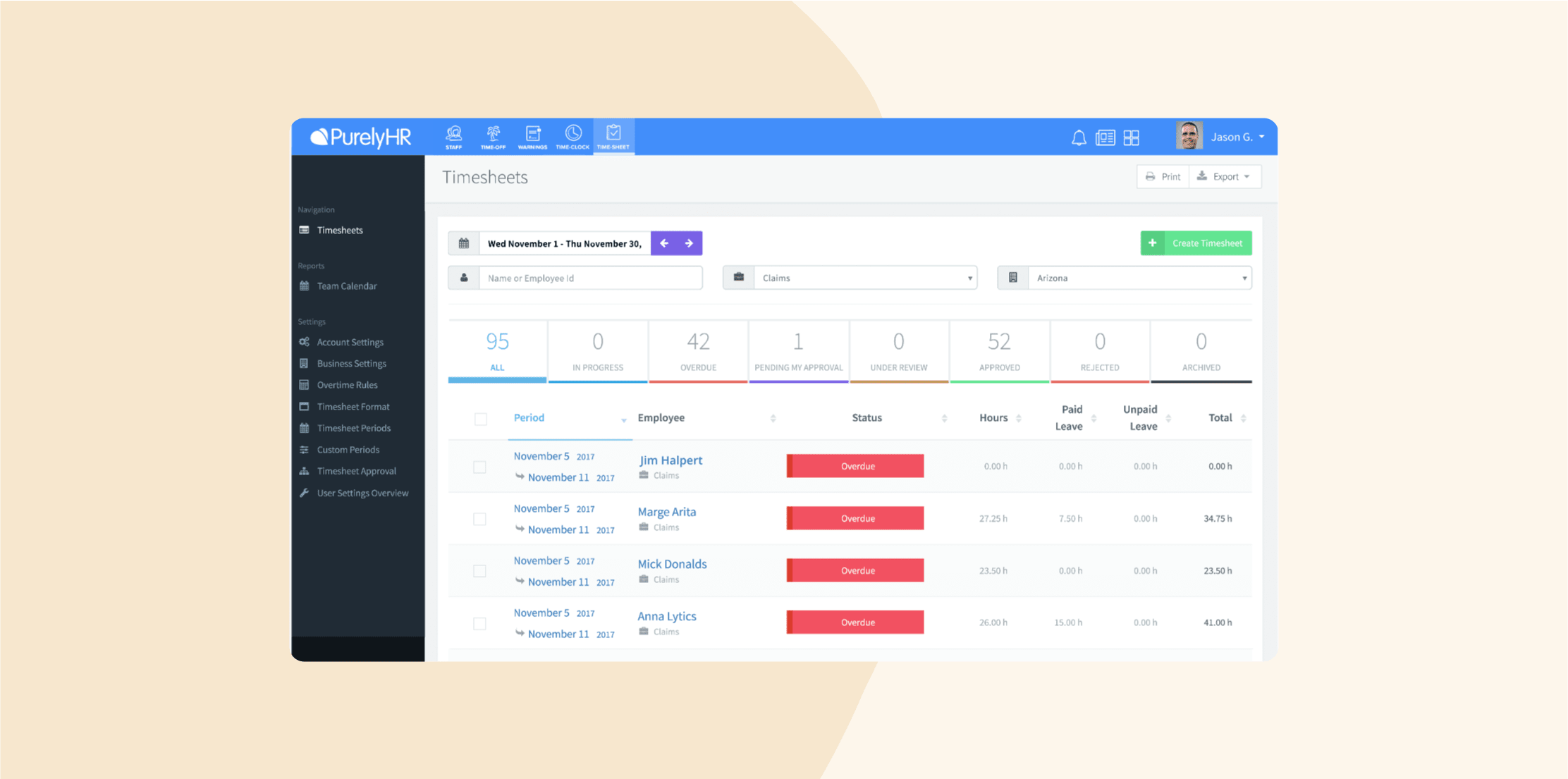 PurelyHR timesheet management interface displaying employee records, statuses, and leave data for efficient tracking. payroll, HRsoftware, timesheetmanagement