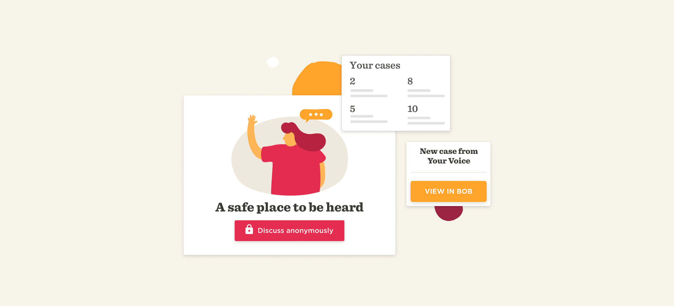 safe place to be heard with character raising hand, discuss anonymously and view new cases from Your Voice
