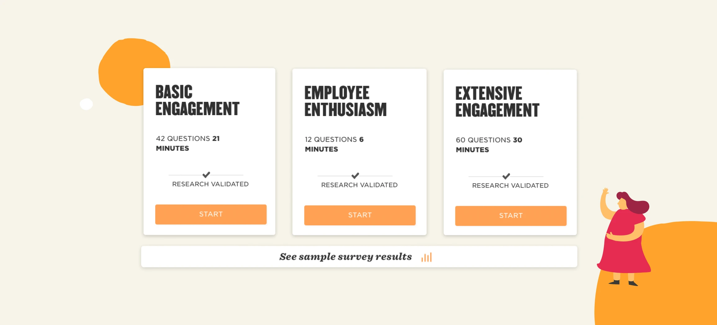 survey options for employee engagement with colorful graphics, three survey categories with time and question details
