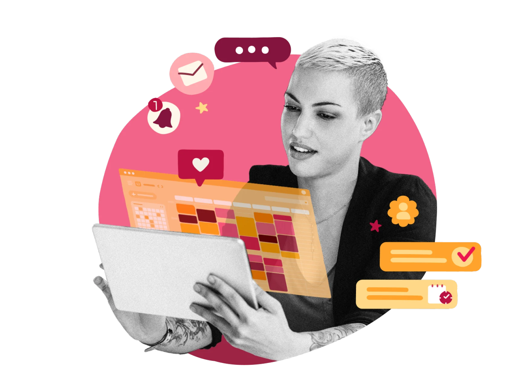 woman with short hair analyzes digital calendar on tablet surrounded by communication icons, modern workspace with digital tools