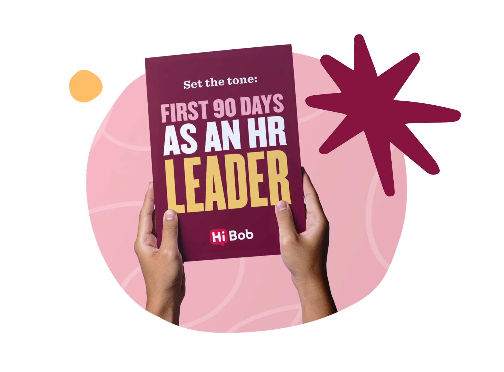hands holding a book titled "First 90 Days as an HR Leader" on a colorful background, styled background with dynamic shapes highlighting HR concepts