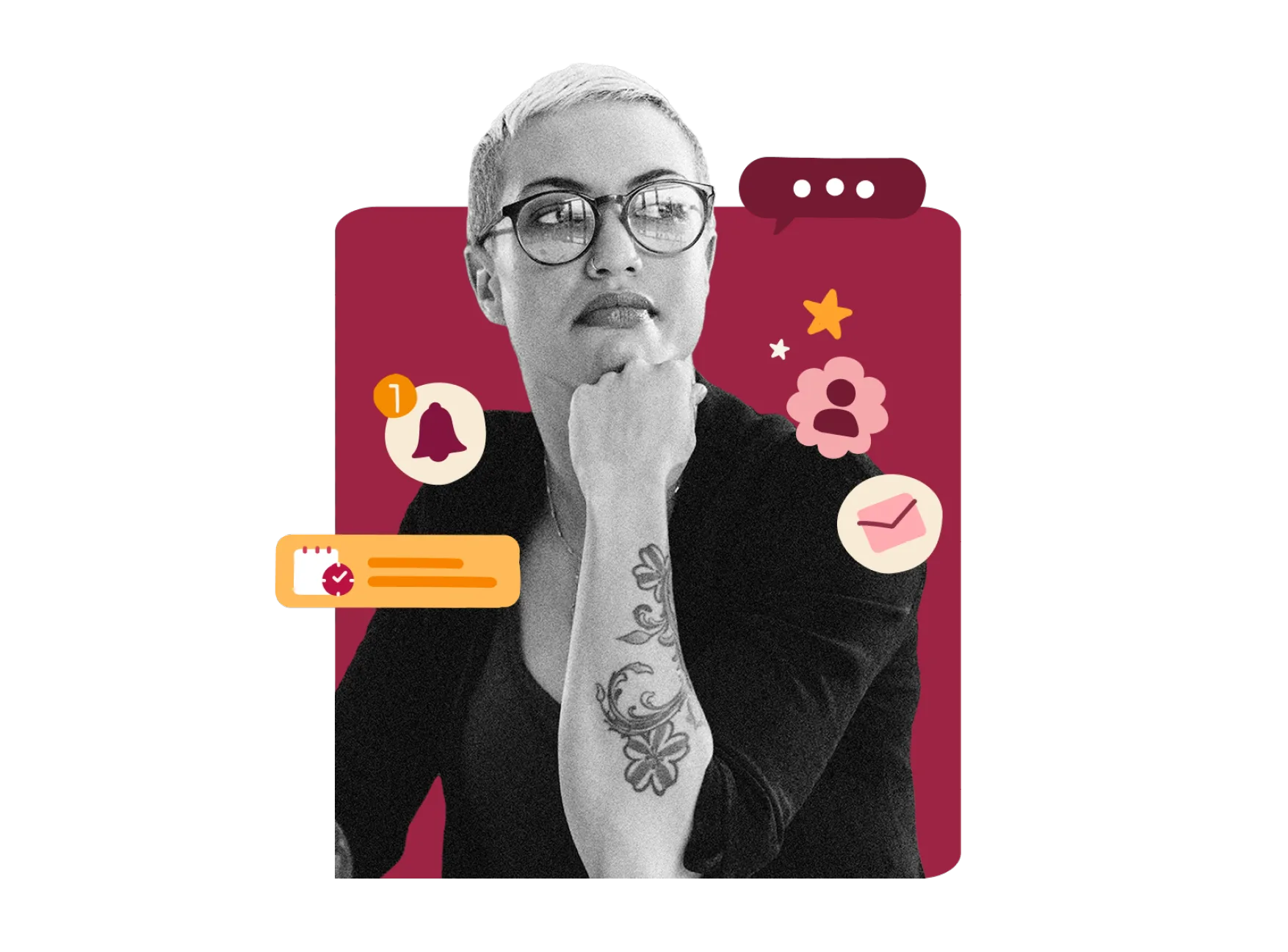 fashionable woman with glasses and a tattoo, surrounded by colorful icons representing notifications and communication, modern office vibes