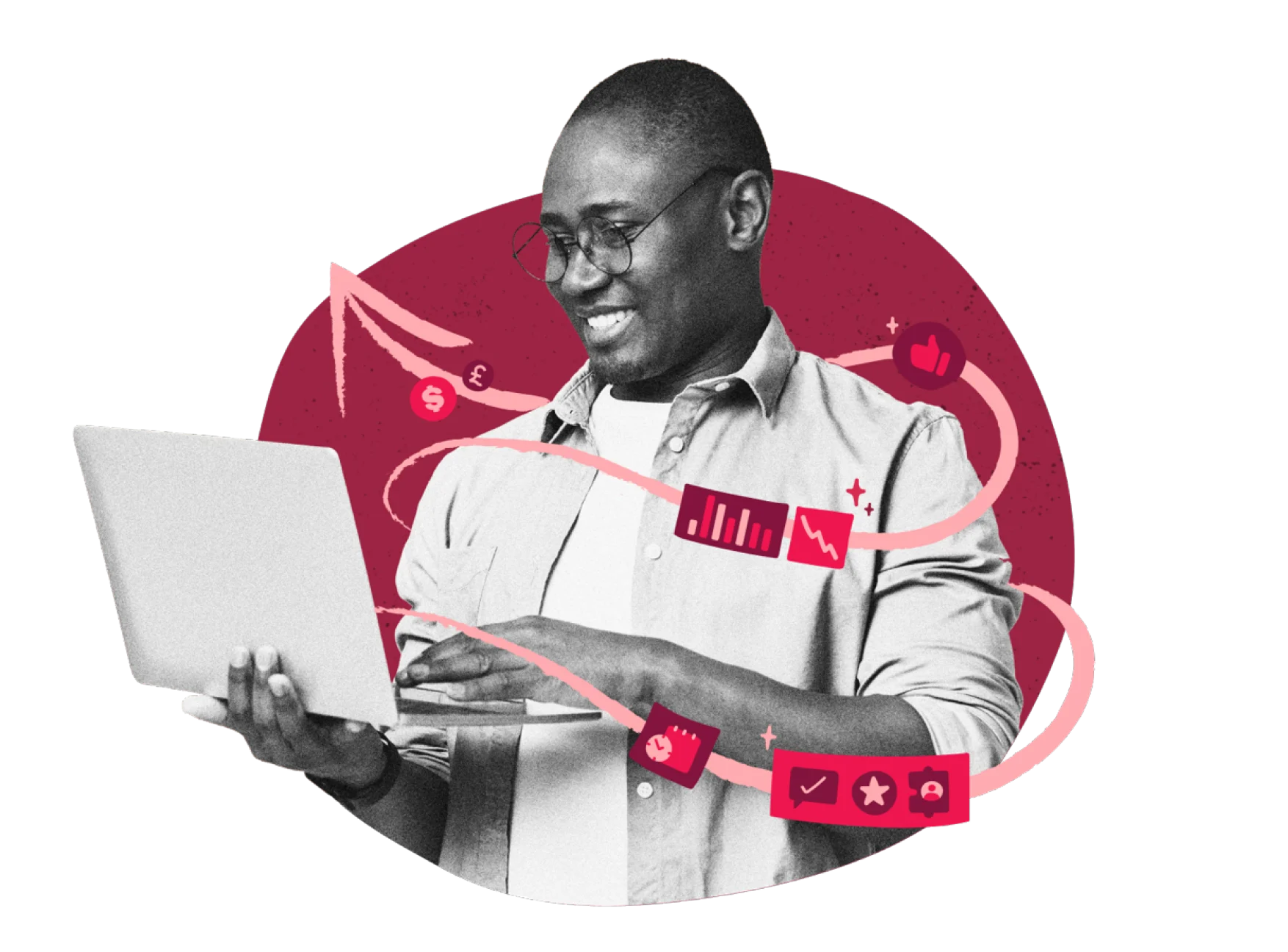 man using laptop with data graphics and social media icons on a vibrant backdrop, digital engagement and analytics illustration