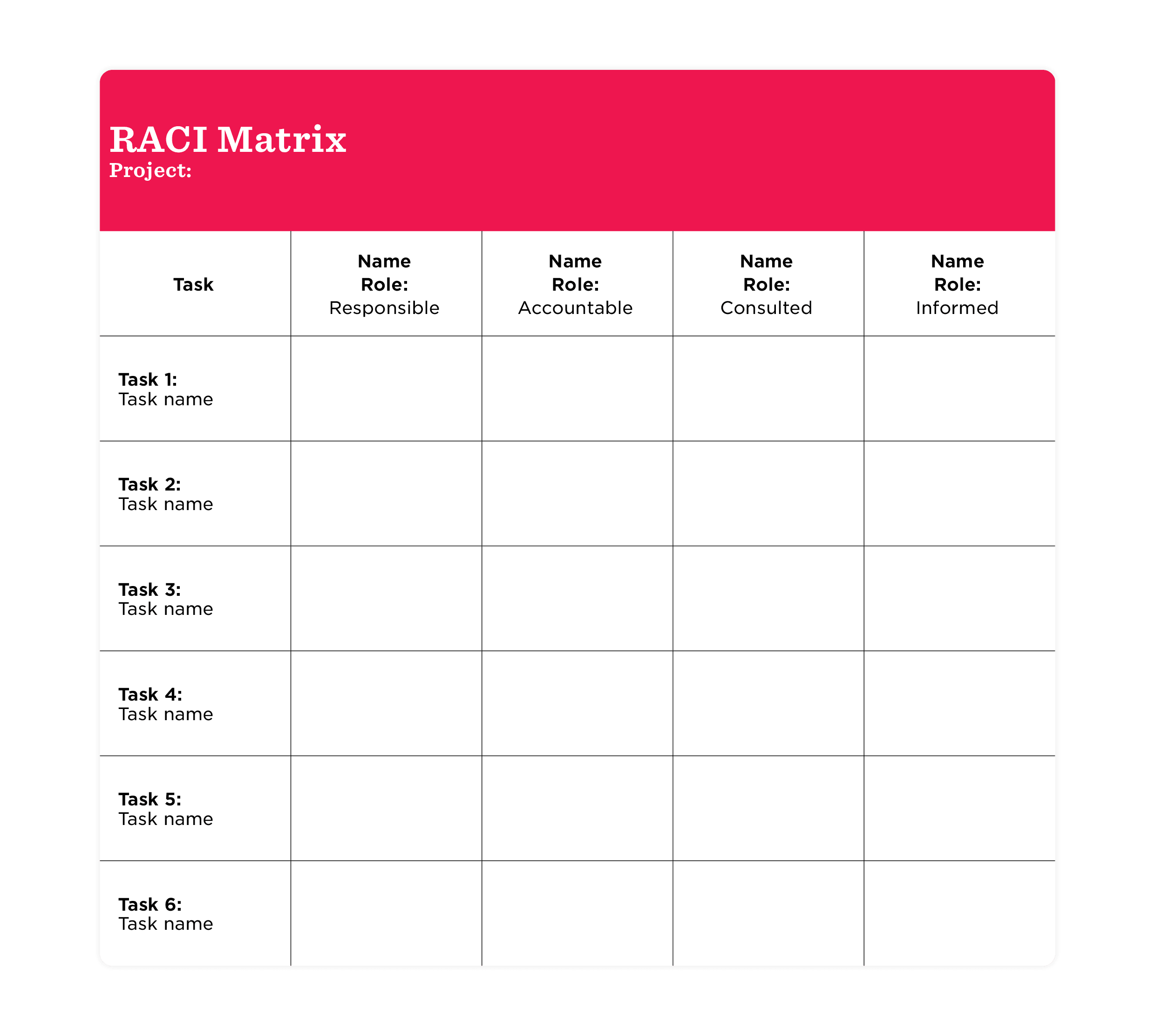 RACI Matrix template for project task assignment, displaying roles: Responsible, Accountable, Consulted, Informed. , RACI, task_management