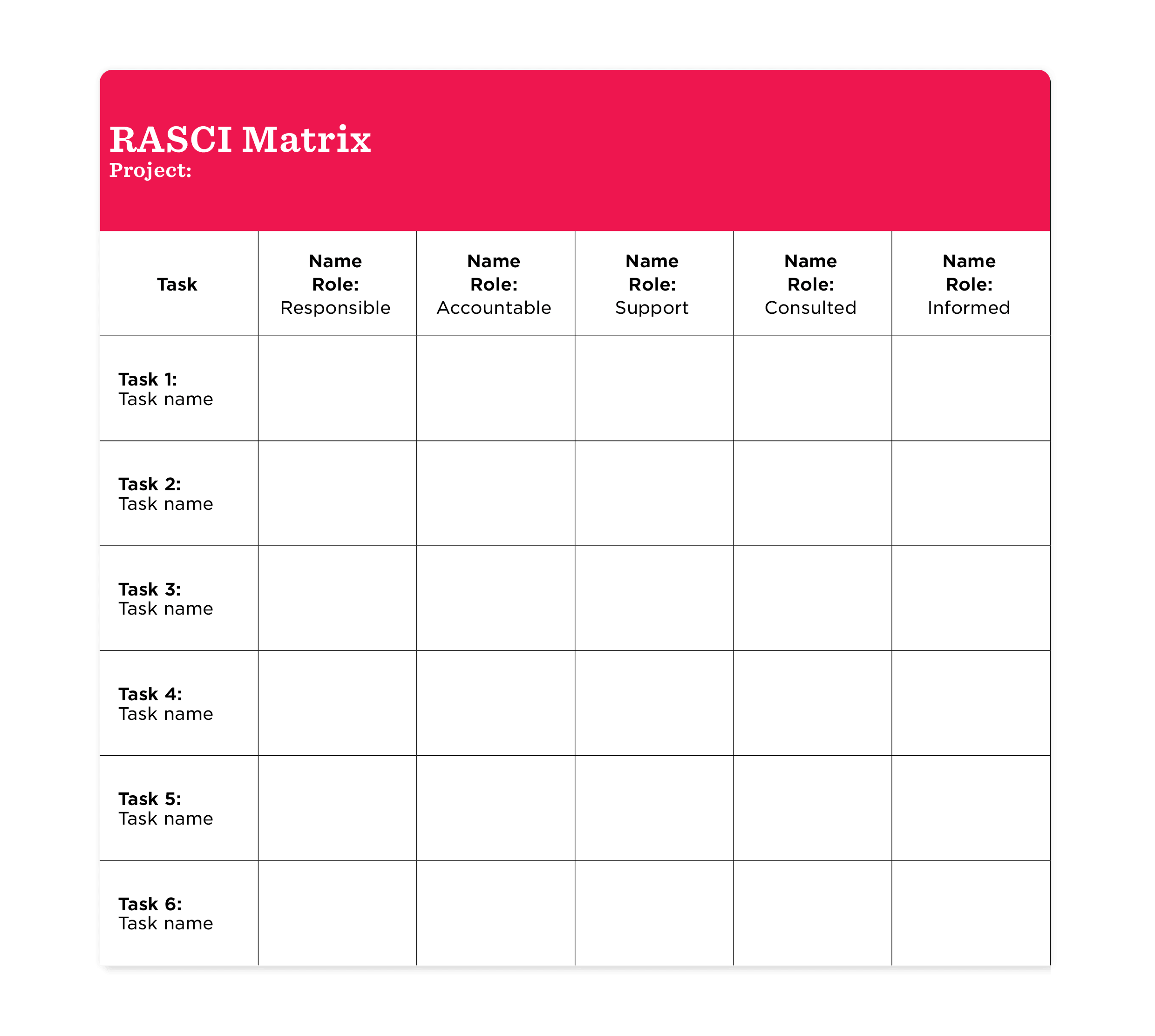 RASCI Matrix template featuring roles for project task management, with labeled sections for responsibilities, Project management tool for organization and clarity