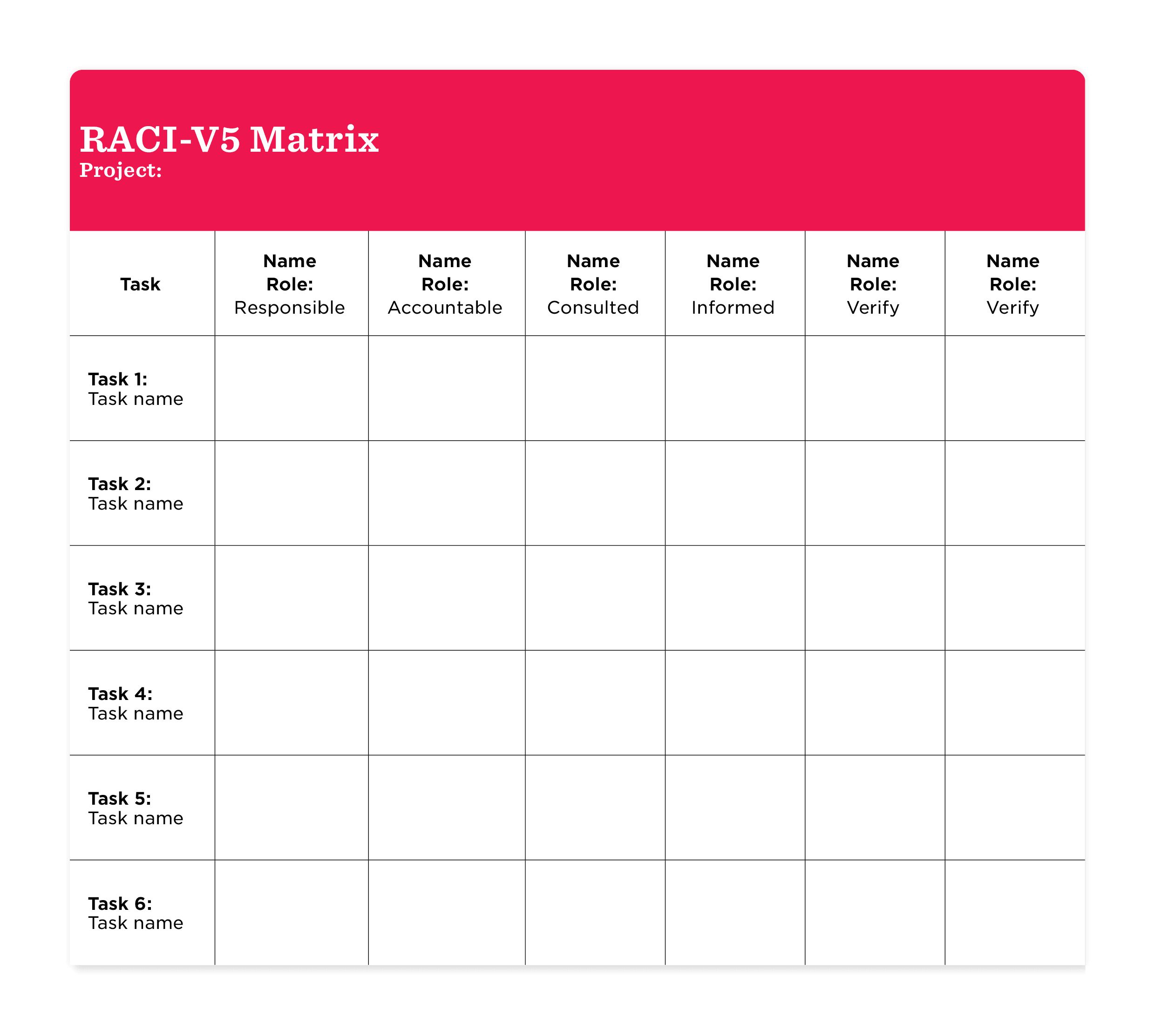 RACI-V5 Matrix layout with labeled roles for project tasks in structured grid format., Project task management framework for clarity.