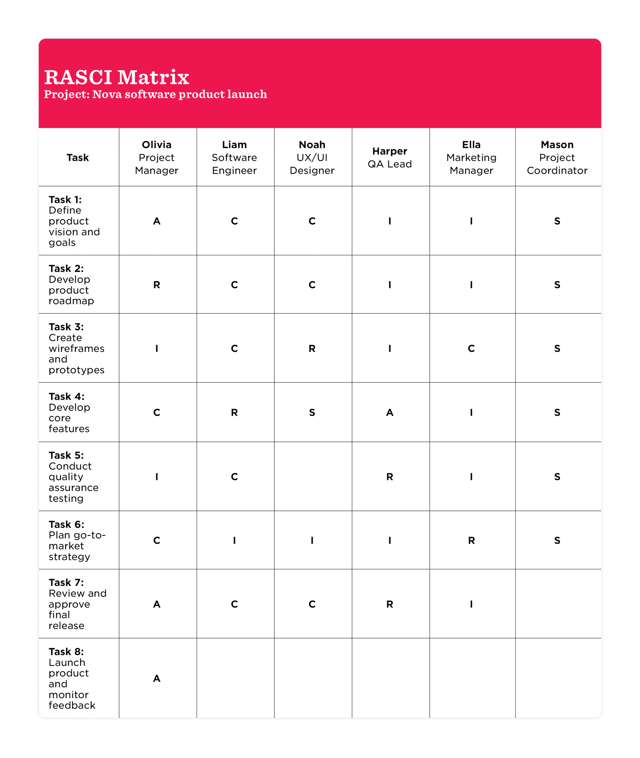 RASCI matrix outlining roles for a software product launch with tasks, responsibilities, and team members' involvement. R, A