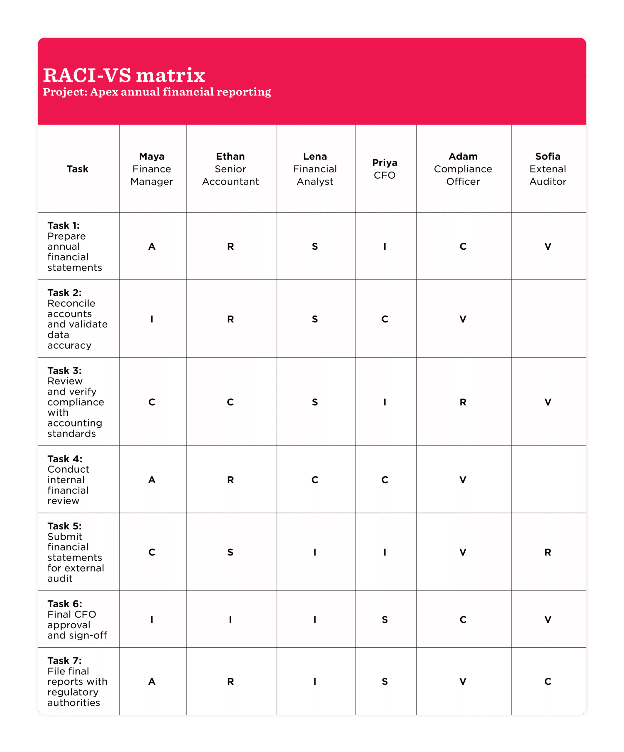 Example of a RACI-VS matrix